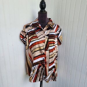 Blue Diamond Stretch Women Button Front Tan Brown Orange Geo Print Blouse Top XL